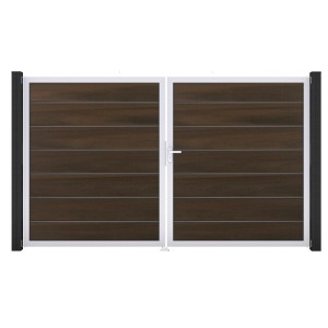 GroJa Grande Steckzaun Tor Premium, DIN Rechts, Walnuss Optik, 2-flügelig mit weißem Rahmen.