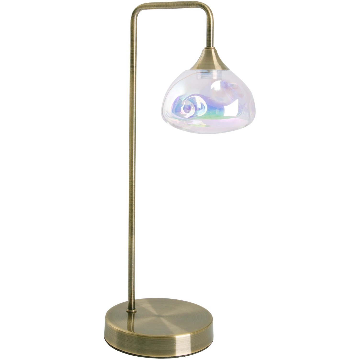 Näve LED-Tischleuchte Varna, 45 cm, im Messing-Look mit irisierendem Glasschirm.