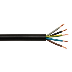 Schwarze Gummileitung H07RN-F 5G2,5 als Meterware, geeignet für den Außenbereich.