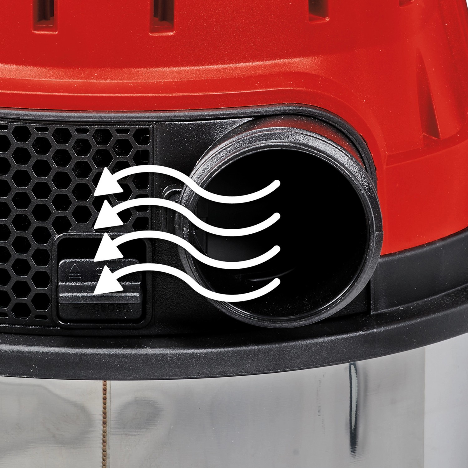 Detailaufnahme: Einhell TE-VC 2340 SACL Nass-Trockensauger mit Luftstrom-Symbolen.