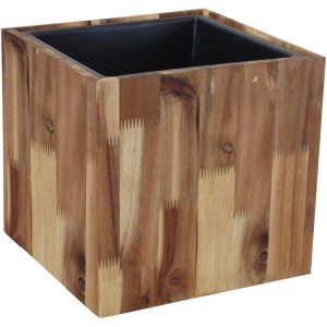 Quadratischer Pflanztopf aus Akazienholz mit Kunststoffeinsatz, 43x40 cm. Ideal für Garten und Terrasse.
