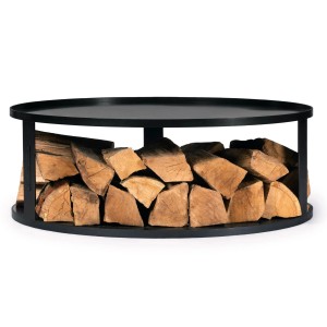 Schwarze CookKing Feuerschalen Stahlbasis mit Holzlager (Ø 62cm) gefüllt mit Holz.