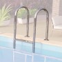 Edelstahl Poolleiter für Karibu Holzpool mit blauer Innenhülle.