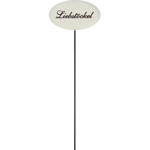 Kräuterstecker Emailleweiß mit 'Liebstöckel' Schriftzug, 30cm, zur Beetbeschriftung.
