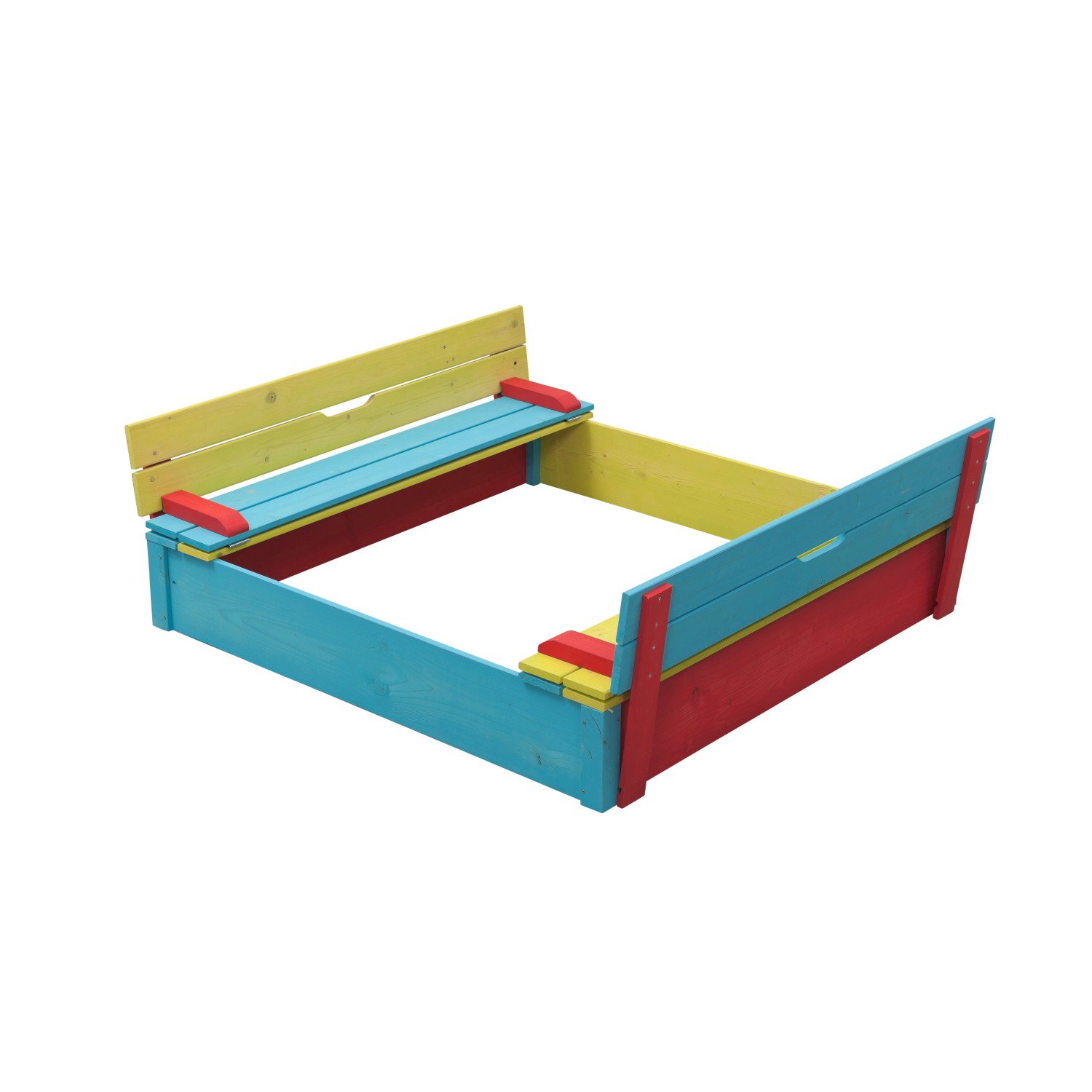Farbenfroher SwingKing Sandkasten Sepp 120x120 cm mit Klappdeckel als Sitzbank.