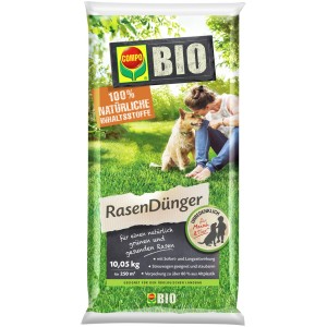 Verpackung Compo BIO Rasendünger 10,05 kg mit Frau und Hund im Garten. Bio-Rasendünger für einen grünen Rasen.