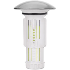 Abfluss-Fee Waschbeckenstöpsel in Weiß-Chrom, ein Deko-Stopfen für saubere Abflüsse.