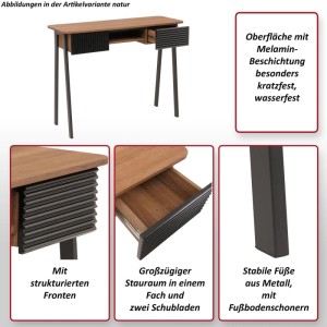 Konsolentisch O40 in Walnuss-Optik mit Schubladen und Ablagefach, Metallgestell.