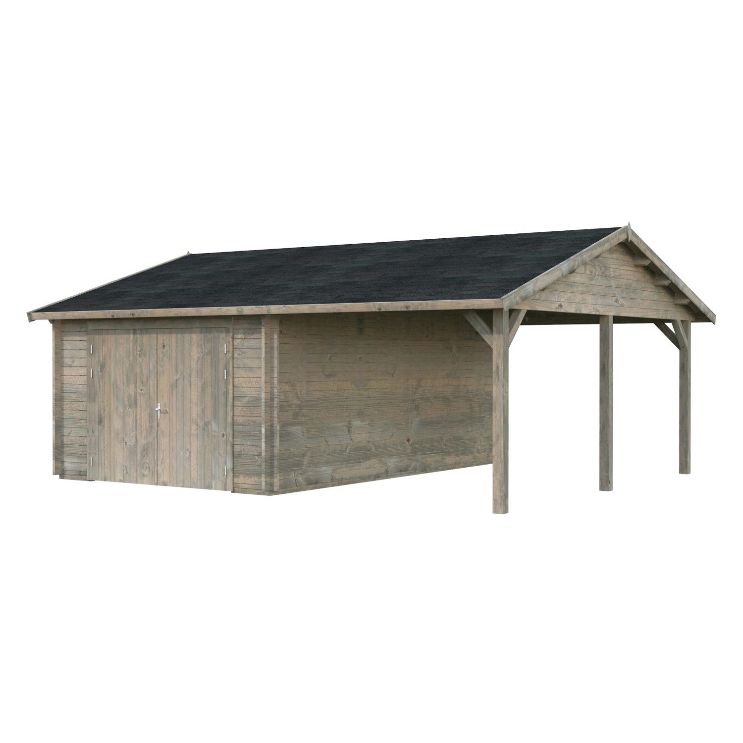 Graue Palmako Garage Roger mit Holztor und Carport, Blockbohlenbauweise.