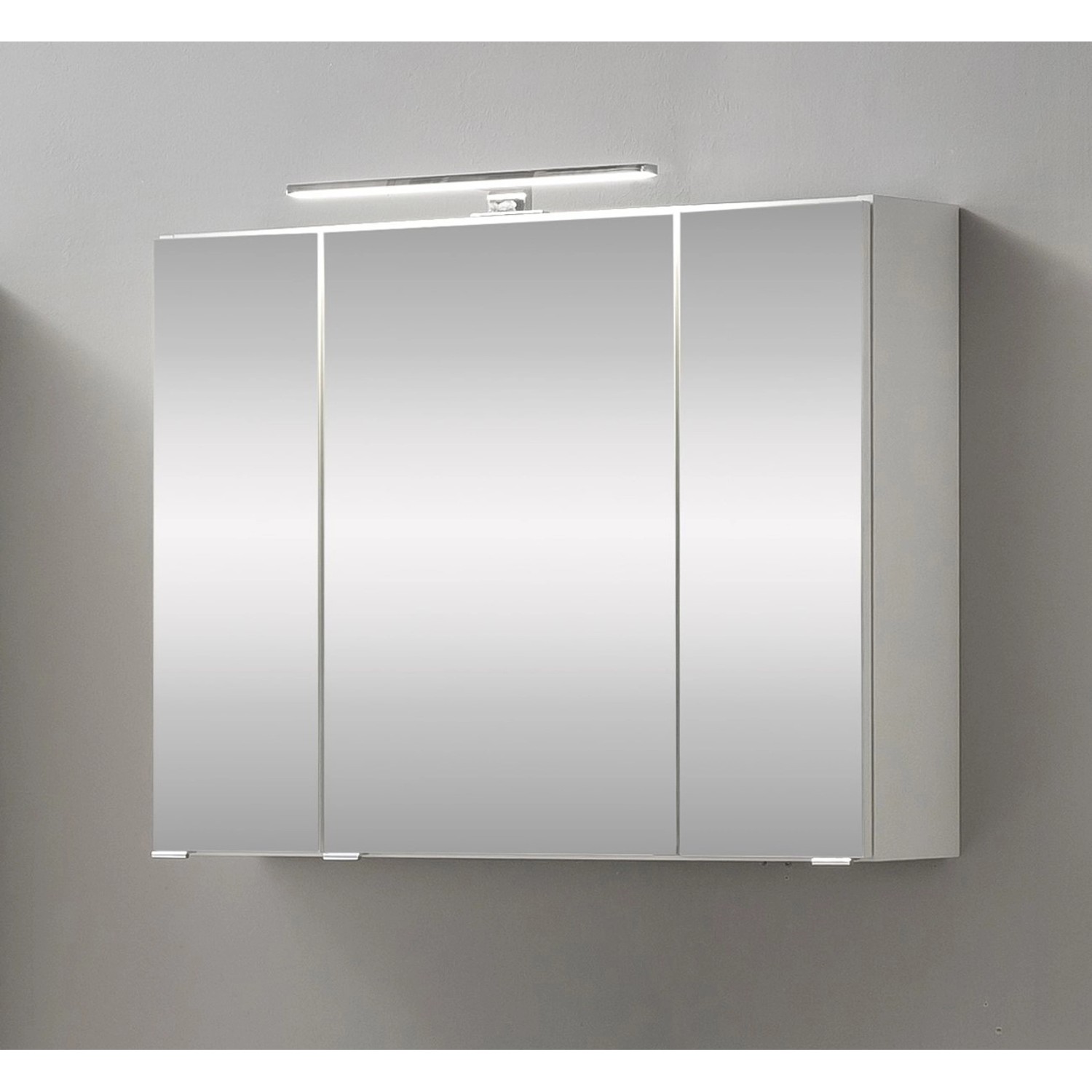 Weißer Held Möbel 3D-Spiegelschrank Salerno, 80 cm breit, mit LED-Aufsatzleuchte. Bad Spiegelschrank.