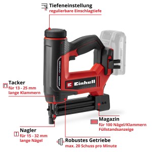 Einhell Akku-Nagler TE-CN 18/32 Li - Solo: Akku-betriebenes Kombi-Gerät (Nagler/Tacker) in Rot/Schwarz.