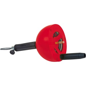 Rothenberger Rohrreinigungsspirale im roten Kunststoffbehälter mit Adapter für Bohrmaschine.