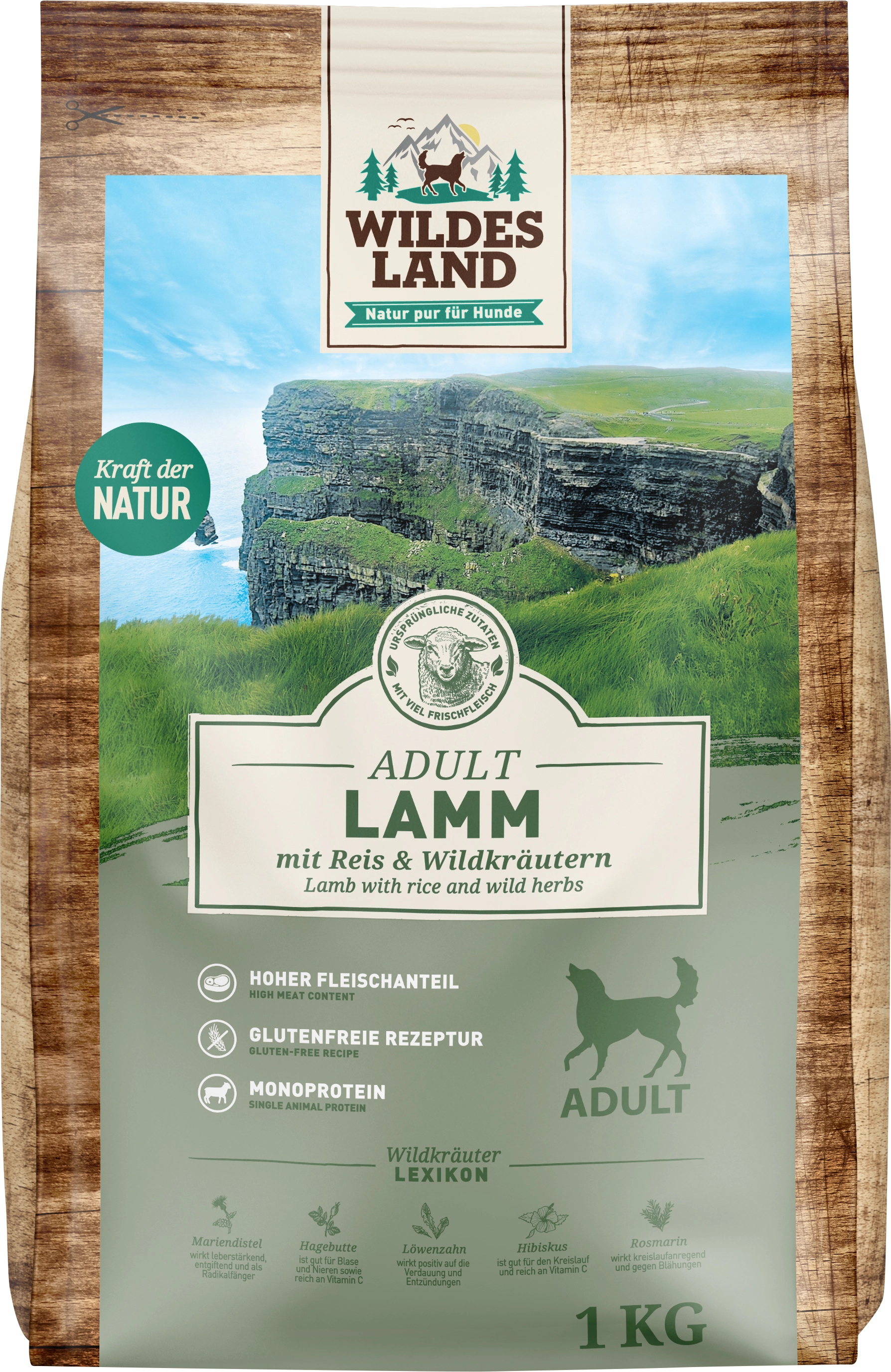 Wildes Land Hunde-Trockenfutter Lamm Mit Reis Und Wildkräutern 1 Kg ...