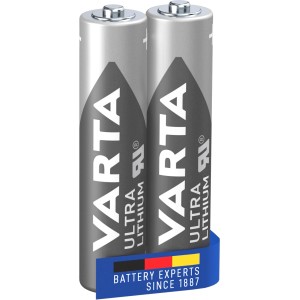 Zwei Varta Ultra Lithium Micro AAA Batterien, ideal für Digitalkameras und GPS-Systeme.