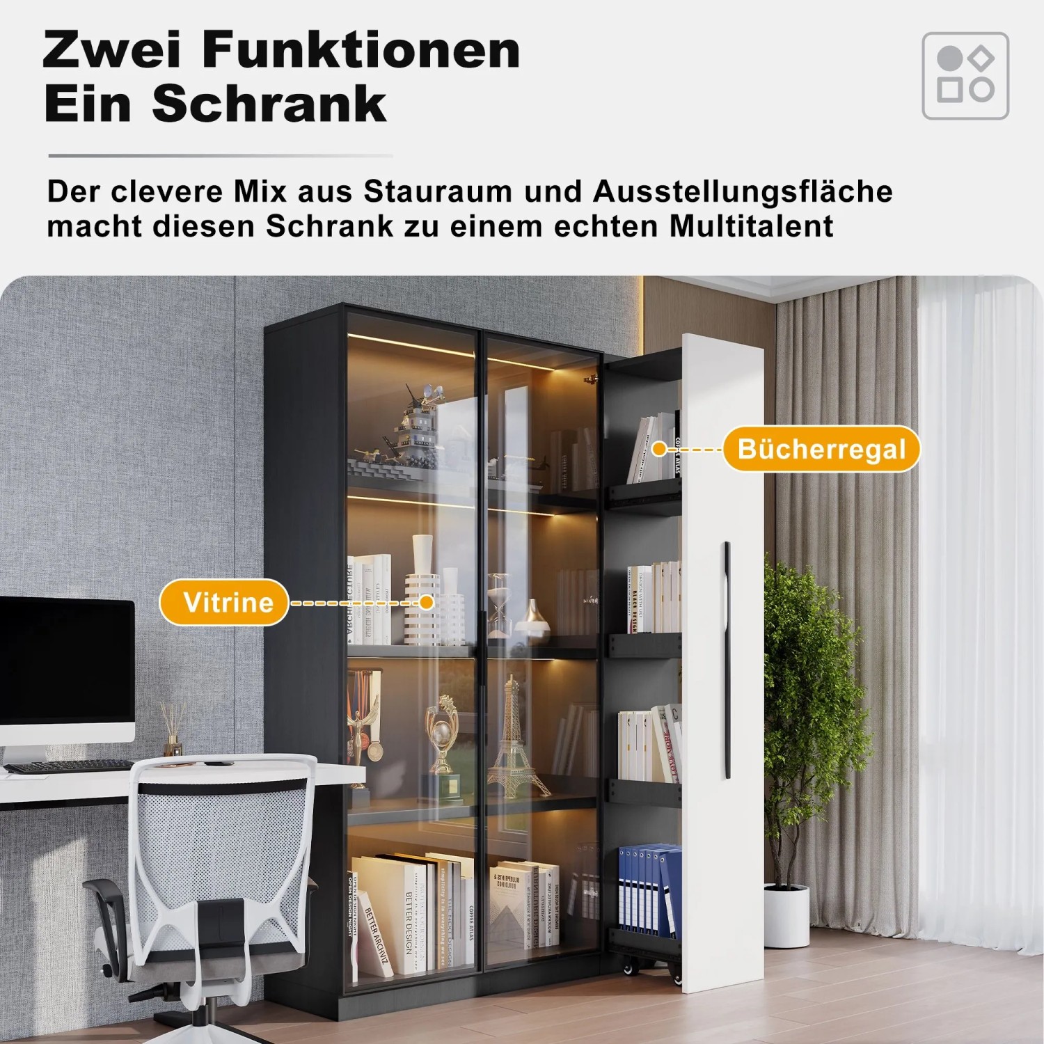 okwish Vitrine mit LED Glastür Rollschrank Esszimmer 110x35x160cm Weiß Schwarz_6