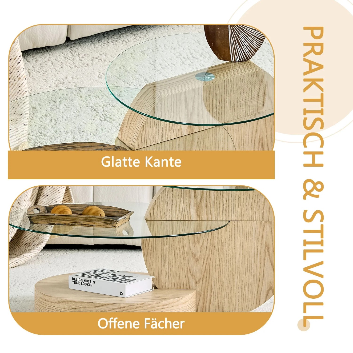 okwish Couchtisch mit Glas und Zwei Ebenen für Wohnzimmer 90x70x44 cm Natur_6