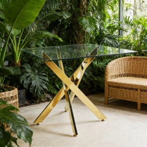 okwish Esstisch mit GlasTischplatte KreuzGestell KuecheWohnraum 80x80x75cm Goldfarben