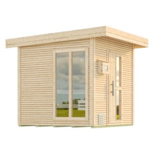 Weka Design Saunahaus Kuopio 1 aus naturbelassenem Holz mit Fenster und Tür.