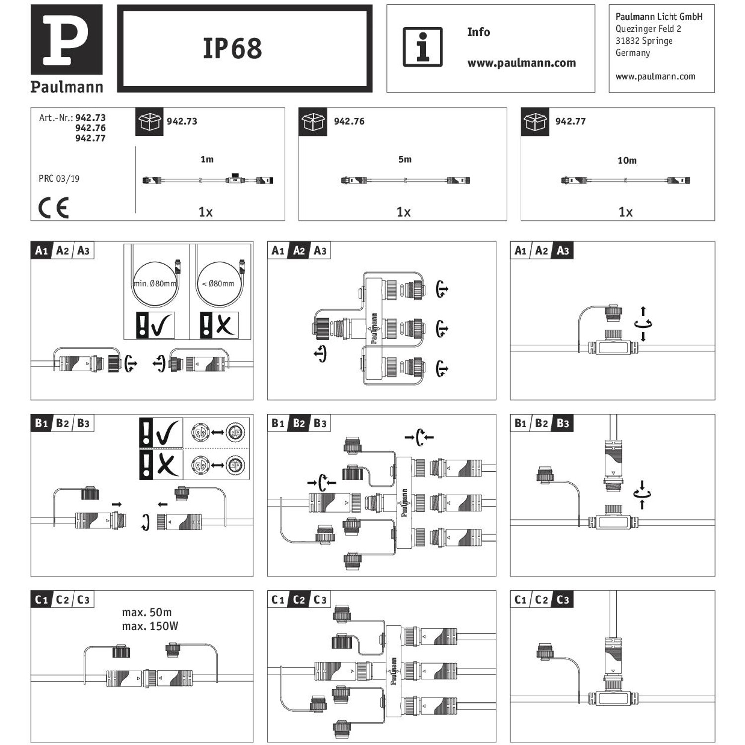 Paulmann Plug & Shine Kabel, 1m, schwarz, IP68. Verbindungskabel für Außenbeleuchtungssysteme.