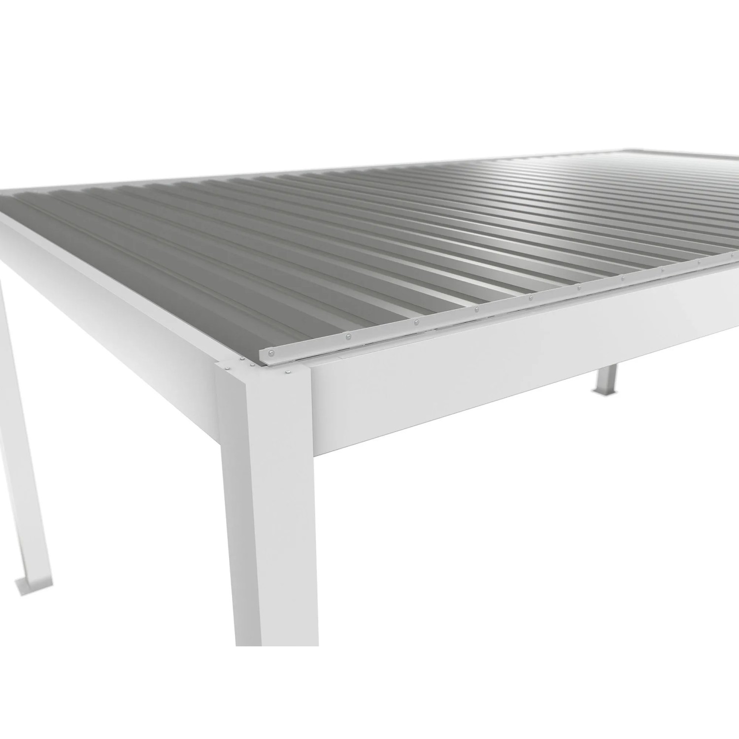 Detailansicht der Biohort Pergola 6 m x 3,5 m in Weiß-Silber, Terrassenüberdachung mit Lamellendach.