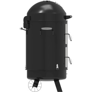 Schwarzer El Fuego Kombigrill Staunton, ein Vertikalsmoker mit Thermometer und regulierbarem Rauchabzug.