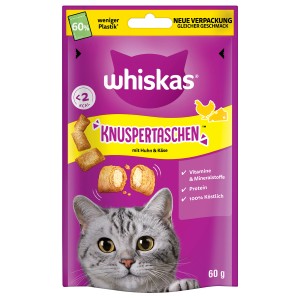 Whiskas Knuspertaschen Huhn & Käse, 60g Packung Katzen-Ergänzungsfutter.