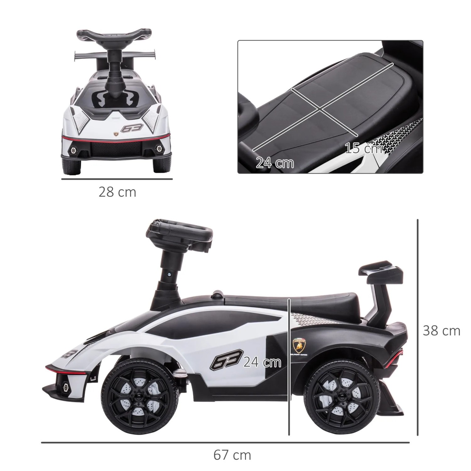 Weiß-schwarzes AIYAPLAY Kinderfahrzeug, Rutschauto aus Kunststoff. Rennwagen-Design, 67x28x38 cm.