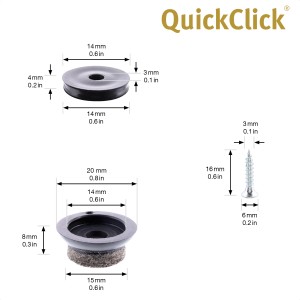 Wagner Filzgleiter QuickClick Ultrasoft Slim, 12-teilig, mit Maßen der Einzelteile.