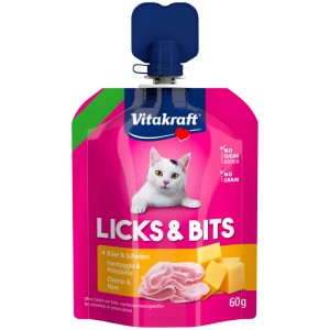 Vitakraft Licks & Bits Katzensnack mit Käse und Schinken, 60g Packung.