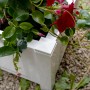 Quadratischer, weißer KHW Pflanzkasten mit roter Mandevilla auf Kiesboden.