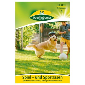 Packung Quedlinburger Spiel- und Sportrasen mit spielendem Kind und Hund auf Rasenfläche.