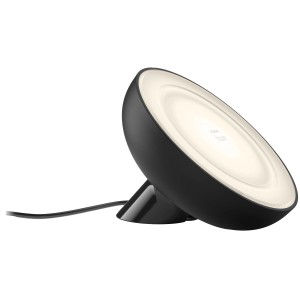 Schwarze Philips Hue Bloom Tischleuchte mit Farbwechsel und 500 lm Lichtstärke.