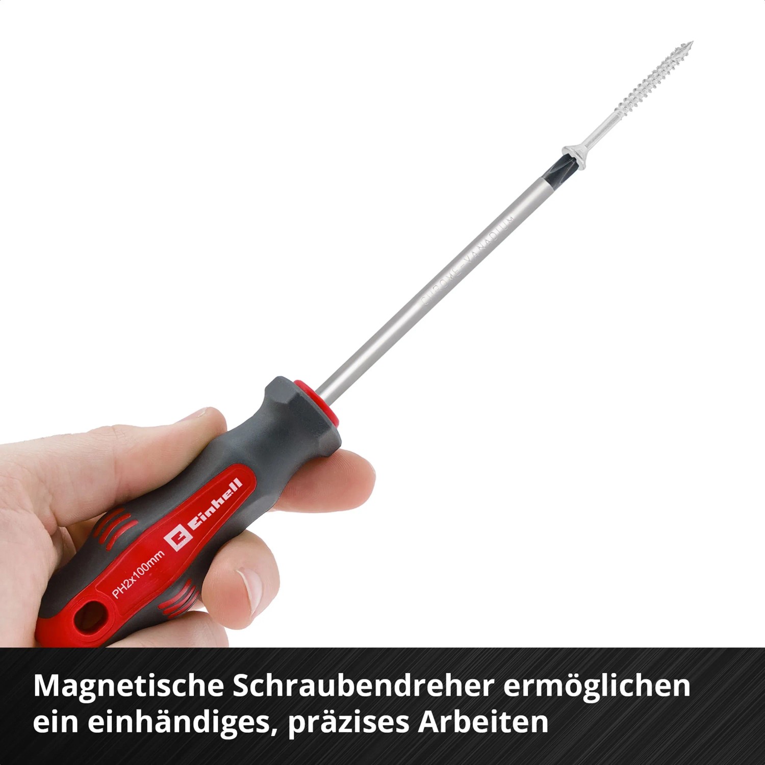 Einhell Schraubendreher mit Schraube in Hand, Teil des 80-tlg. Werkzeugkoffer Universal E-CASE.