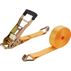 Zweiteiliger Zurrgurt mit Ratsche und Haken, 5 cm x 1000 cm, für zuverlässige Ladungssicherung.
