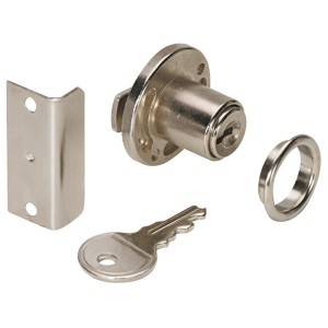 Zylinder-Klappenschloss aus Stahl, vernickelt, mit Schlüssel, Schließblech und Rosette für Möbel.