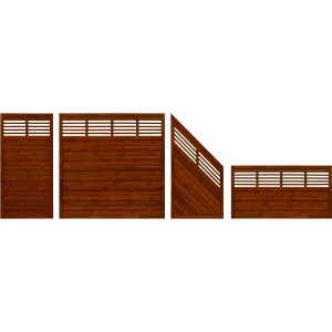 Sichtschutzzaun Nicea, Teakfarben, verschiedene Elemente. Holzzaun mit gewellten Lamellen und Latten-Design.