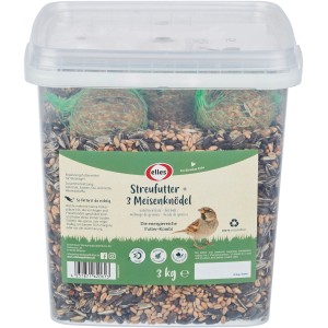 Eimer Streufutter mit 3 Meisenknödeln für Wildvögel. Ganzjahresfutter aus Getreide und Saaten.