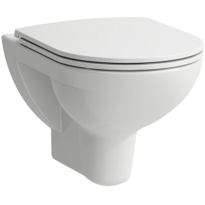 Weißes Laufen Wand-WC-Set Pro Rund mit WC-Sitz und waagerechtem Abgang.
