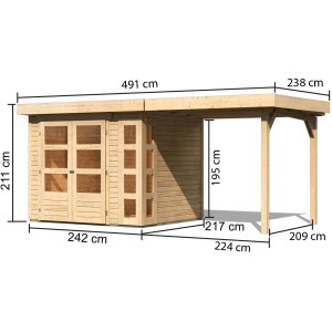 Karibu Holz-Gartenhaus Sölve Natur, unbehandelt, mit Flachdach und Anbau, Maße: 238x213 cm.