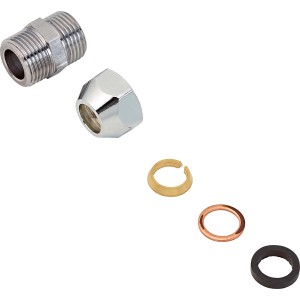 Quetschverschraubung 10 mm mit Gewinde, verchromt, inkl. Dichtungen und Einlegescheiben für Rohre.