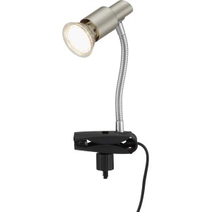 Briloner LED-Klemmleuchte in Nickel matt mit flexiblem Arm und GU10 Leuchtmittel.