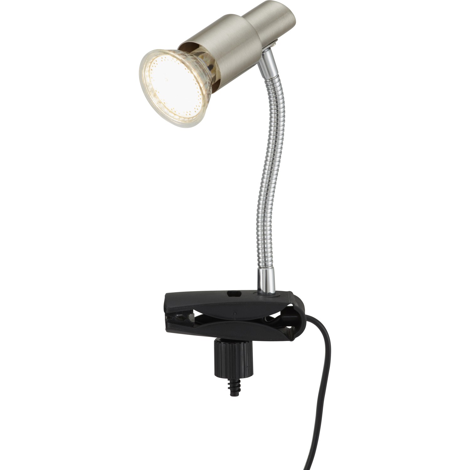 Briloner LED-Klemmleuchte in Nickel matt mit flexiblem Arm und GU10 Leuchtmittel.