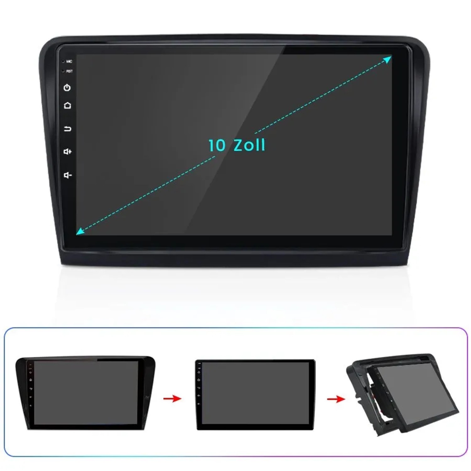 Junsun 10 Zoll Autoradio für Skoda Superb 2. Schwarzes Touchscreen-Display mit Tasten, inkl. Montageansicht.