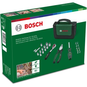Bosch Mobility Werkzeugset, 26-teilig im grünen Koffer mit Werkzeugen wie Ratsche, Zange und Schraubendreher.