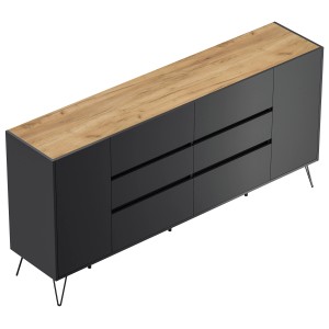 Posseik Sideboard Industrial R, 200 cm, Grafit/Eiche, mit 6 Schubladen und 2 Türen.