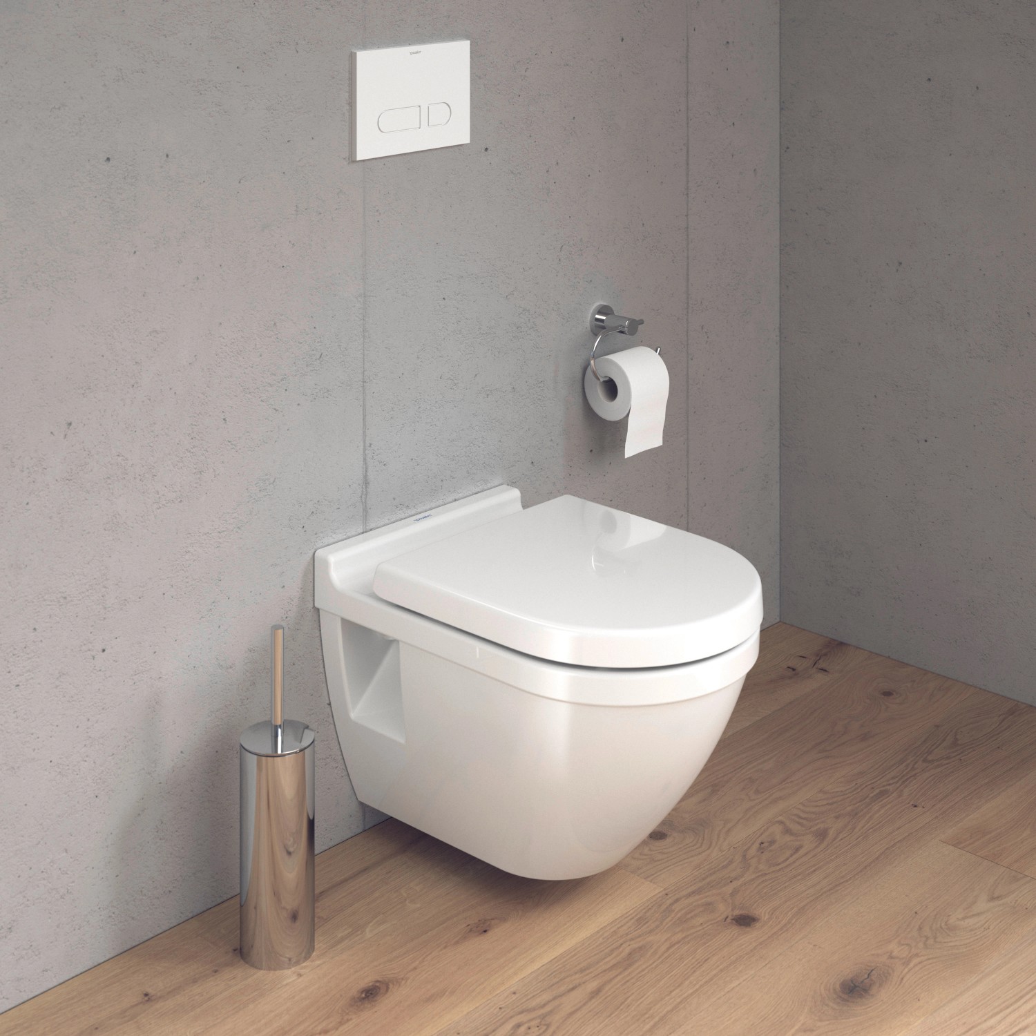 Duravit Wand WC Set Starck 3, weißes Hänge-WC mit Absenkautomatik und WC-Bürste.