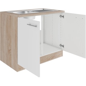 Optifit Spülenunterschrank Dakar286, 100 cm, weiß seidenglänzend mit Eiche Arbeitsplatte.