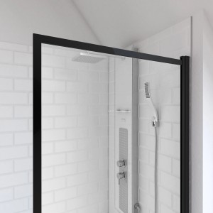 Aurlane Badewannenfaltwand Dark Edge, 1-flügelig, 75x130cm, mit schwarzem Rahmen.