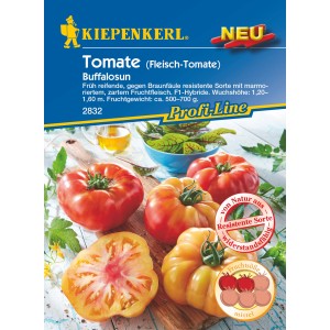 Kiepenkerl Tomate Buffalosun F1-Hybride: Gelb-rote Fleischtomaten auf Holzbrett, angeschnitten.