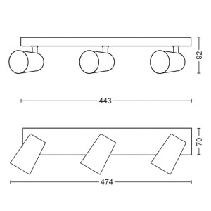 Philips Spot 3er Paisley Aluminium, Maße der Leuchte.